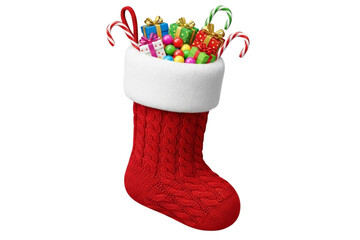 Red Christmas stocking with white fluffy top, filled with candy canes and small gifts, isolated on transparent background, realistic style.