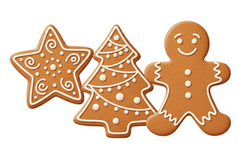 Set of gingerbread cookies in star, tree, and man shapes with icing decoration, cute and cozy style, isolated on transparent background. 