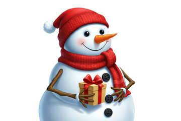 Smiling snowman with a red hat and scarf, carrot nose, button eyes, holding a small gift, isolated on transparent background, realistic cute style. 