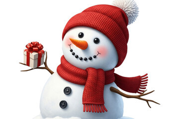 Smiling snowman with a red hat and scarf, carrot nose, button eyes, holding a small gift, isolated on transparent background, realistic cute style.