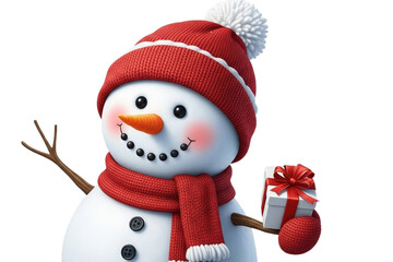 Smiling snowman with a red hat and scarf, carrot nose, button eyes, holding a small gift, isolated on transparent background, realistic cute style.
