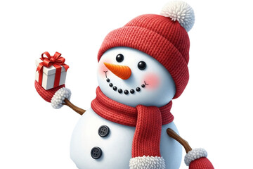 Smiling snowman with a red hat and scarf, carrot nose, button eyes, holding a small gift, isolated on transparent background, realistic cute style.