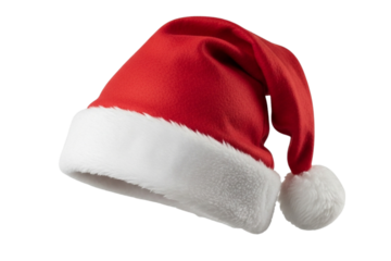 Soft red Santa hat with fluffy white trim, slightly bent shape, isolated on transparent background, high quality.