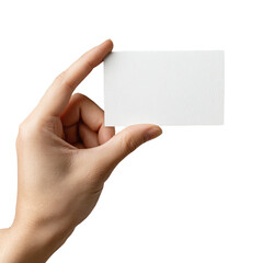 Obraz premium Hand showing a blank horizontal white business card for mockup. Isolated on transparent background, png