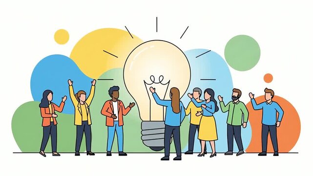 Creative team with a bright idea, diverse group of people together working towards a solution with a light bulb, innovation and collaboration concept