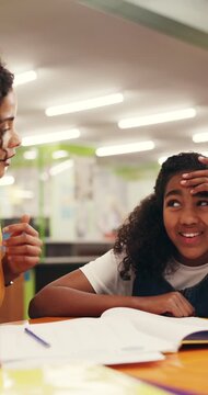 Help, confused or child in library with homework, teaching or comfort for learning struggle. Education, evaluation or mentor at table with book, sld support or guidance for academic development.