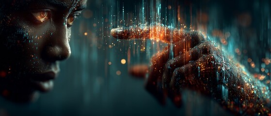 A hand reaches toward a glowing, digital face, symbolizing human-technology interaction. The futuristic image evokes themes of connection and virtual reality.