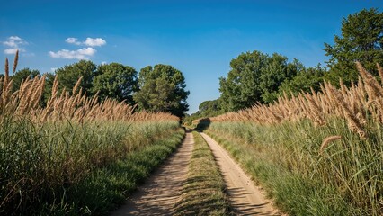 Obraz premium Pathway through tall grasses with trees on either side, under a blue sky with scattered clouds.