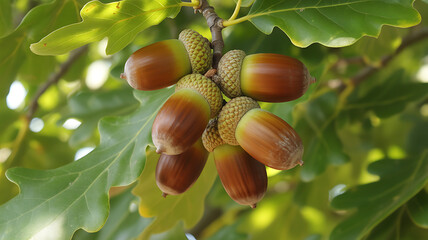 Close-up of Mature Acorns on an Oak Tree Branch with Vibrant Green Leaves