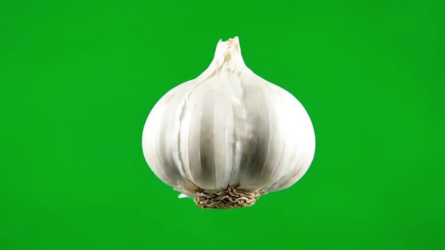 Fresh, whole garlic bulb isolated on a vibrant green background, ready for cooking.