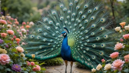 a peacock open his feathers standing at the middle of a garden surrounded by pretty rosemerry flowers