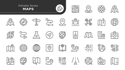 Maps line icon set. Map pin, location, navagation, gps, locate, street map, roadmaps, address, road navigation, push pin, geolocation and more. Outline icon in linear style. Vector collection.