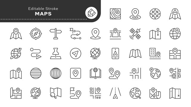 Maps line icon set. Map pin, location, navagation, gps, locate, street map, roadmaps, address, road navigation, push pin, geolocation and more. Outline icon in linear style. Vector collection.