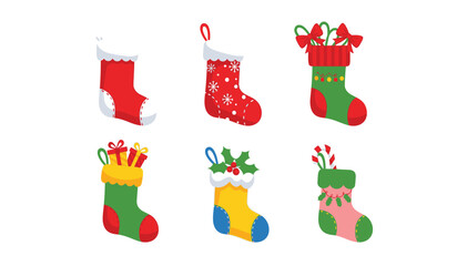 Collection of six diverse christmas stockings filled with gifts, candy canes, and holly, rendered in a flat design illustration