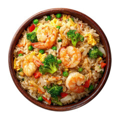 A delicious bowl of shrimp fried rice with broccoli peas and egg seen from above on a black background