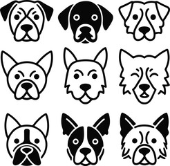  Dog face outline icon set, various nose, ear, and fur shapes, pure black stroke, white background, minimal and geometric style, no shading, pet branding elements 1