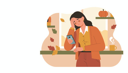 Fototapeta premium Woman with headache reading bad news on smartphone during autumn Stress and burnout concept