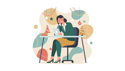Tired businesswoman working during Christmas holidays feeling stressed and overworked on a festive deadline