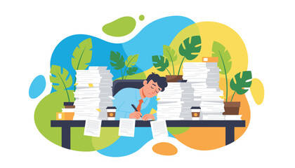 Stressed businessman buried in paperwork struggling with excessive workload and office burnout