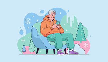 Casual senior man using phone while relaxing in an armchair outdoors during the winter season