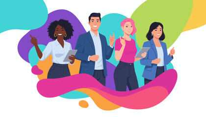 Diverse business team pointing holding tablets smiling against abstract colorful shapes