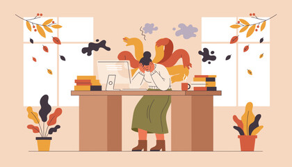 Female worker suffering burnout from immense job pressure and multiple tasks