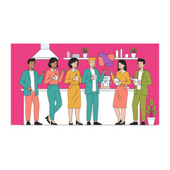 Diverse business team networking and chatting during an office coffee break Conceptual teamwork