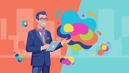 Professional man presenting creative digital concepts with vibrant abstract shapes representing innovation and design