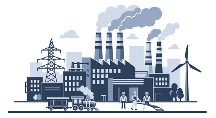 Industrial factory complex with smokestacks power tower workers and train Manufacturing concept