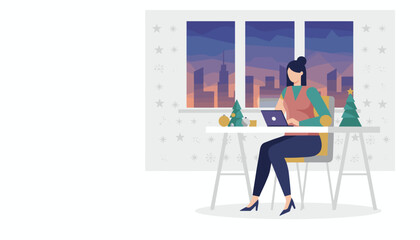 Woman working on laptop in a festive office during winter holidays with city skyline view