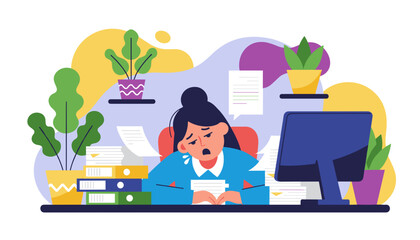 Tired employee stressed by paperwork and deadlines suffering burnout in a busy office setting