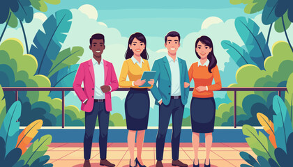 Diverse professional team smiling on a tropical balcony symbolizing success collaboration and modern business