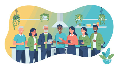 Diverse business team having a casual break in the office kitchen discussing ideas and drinking coffee