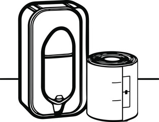 Dog poop bag dispenser and waste bag roll outline, white background, black contour, clean minimal eco-friendly pet accessory vector