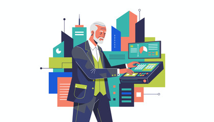 Senior businessman managing data technology in a modern smart city environment Vector illustration