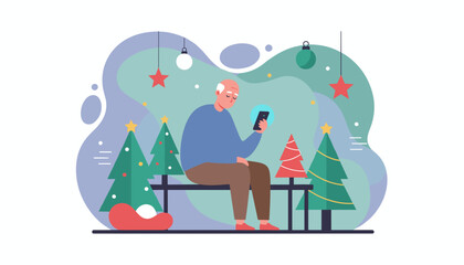Lonely senior man checks his phone during the Christmas holidays surrounded by festive decorations