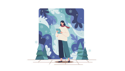 Stylish woman in winter clothes using a tablet device in an abstract blue forest illustration