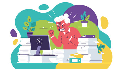 Angry overwhelmed senior woman stressed by complex paperwork and immense workload in the office