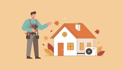 Professional HVAC technician provides home maintenance service during the autumn season