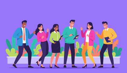 Happy diverse business team collaboration illustration Corporate professionals smiling and working