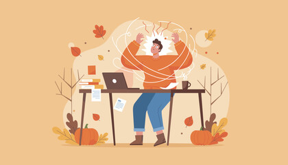 Stressed man suffering from work burnout at a desk during autumn deadlines