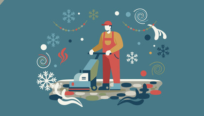 Maintenance worker operating floor cleaner illustration with abstract winter and holiday decorations
