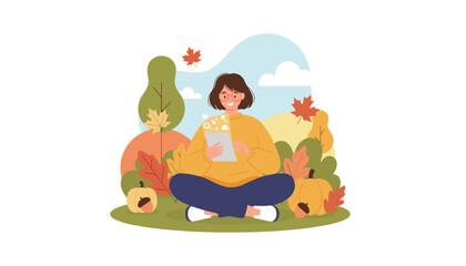 Happy woman using tablet for remote learning in a colorful autumn park setting