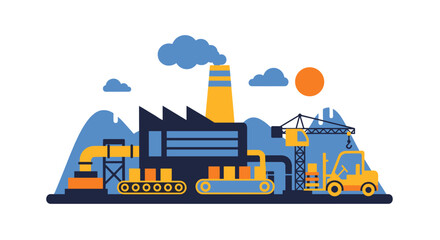 Flat design illustration of an industrial factory production plant logistics and heavy machinery