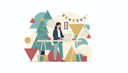Businesswoman working during the holidays near a decorated Christmas tree