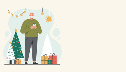 Happy senior man uses a smartphone surrounded by Christmas gifts and festive winter decorations