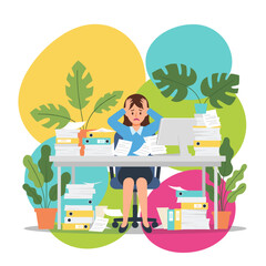 Overworked businesswoman stressed by excessive paperwork and workload symbolizing burnout and chaos