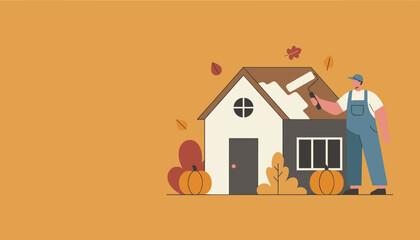 Worker painting a house roof during autumn home maintenance Seasonal repair and renovation illustration