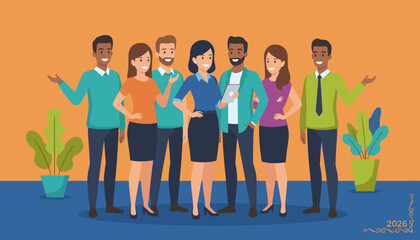 Diverse business team smiling and collaborating Professional staff teamwork and corporate success illustration
