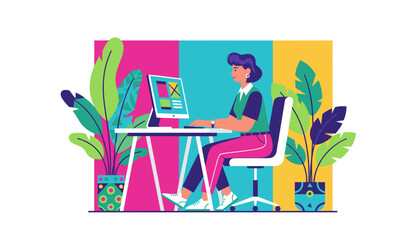 Professional woman working at her desktop computer in a colorful modern home office